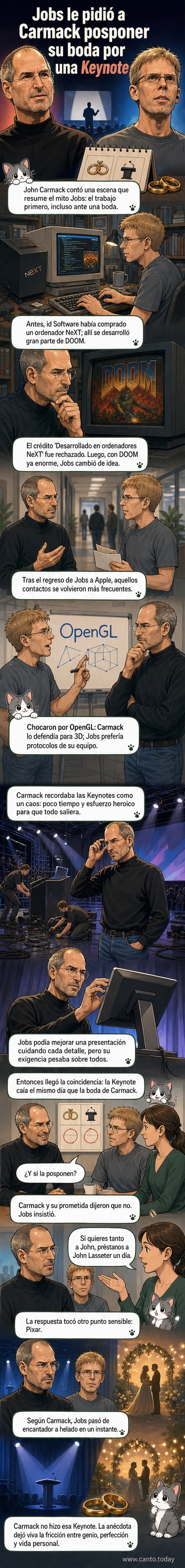 Ilustración de Steve Jobs y John Carmack en una reunión de Apple, con un anillo de boda y un escenario de Keynote en segundo plano.