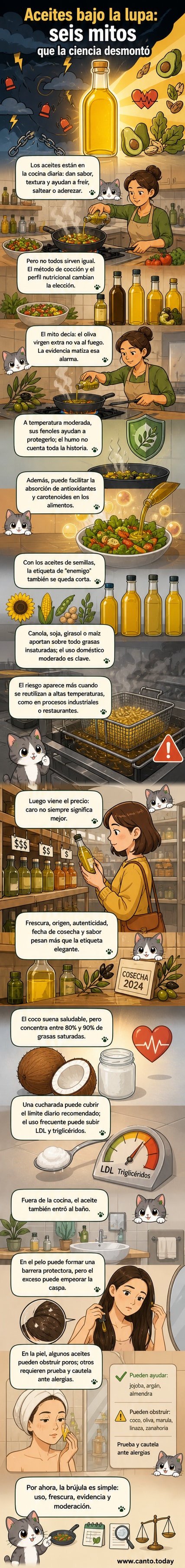 Ilustración de una cocina con frascos de distintos aceites sobre una encimera, con iconos de corazón, cerebro y piel indicando sus efectos en la salud.