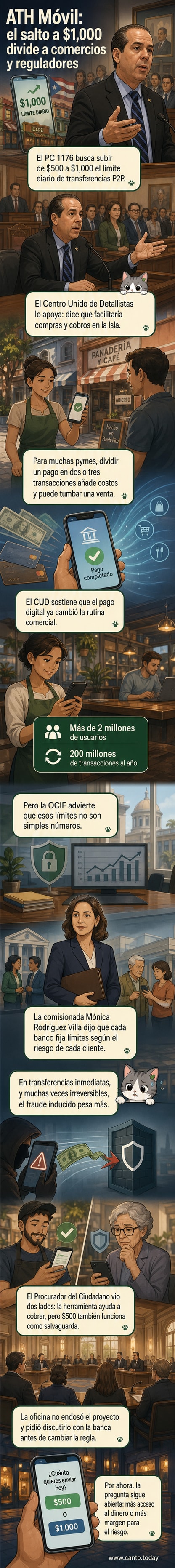 Ilustración de dos personas en Puerto Rico enviando dinero desde sus teléfonos, con un banco y una balanza equilibrando seguridad y acceso en segundo plano.
