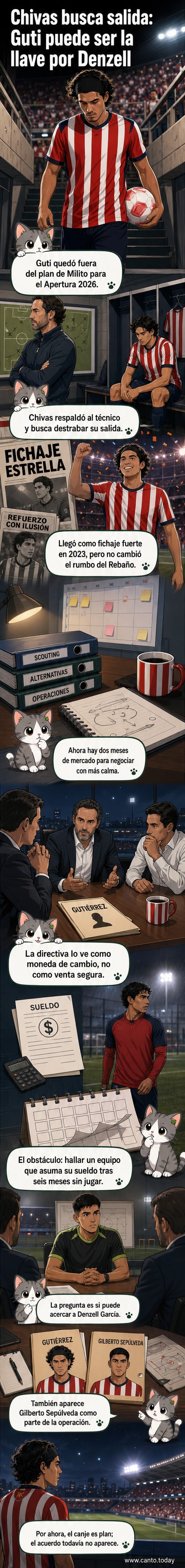 Ilustración de Érick Gutiérrez y Denzell García en uniforme de Chivas, con un puente de intercambio entre ellos.