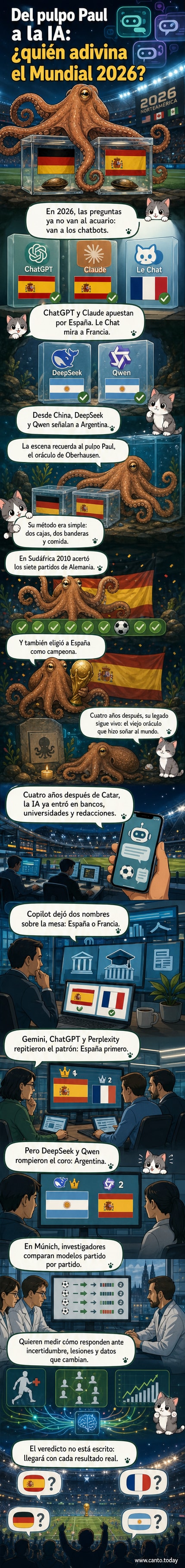 Ilustración de un pulpo junto a una interfaz de chatbot, ambos señalando partidos de fútbol en una pantalla de Mundial 2026