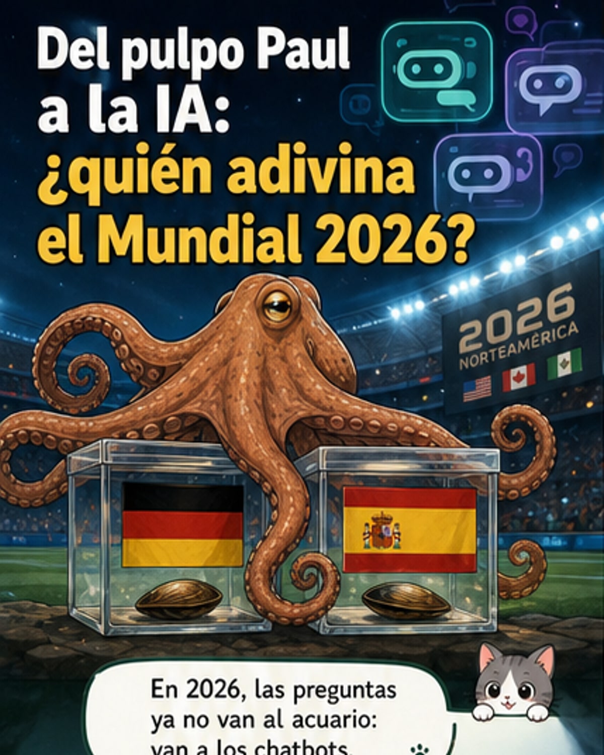Ilustración de un pulpo junto a una interfaz de chatbot, ambos señalando partidos de fútbol en una pantalla de Mundial 2026