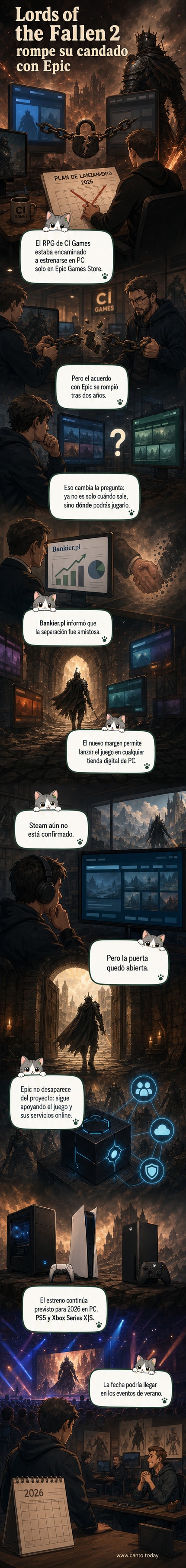 Ilustración de un guerrero oscuro frente a una ciudad en ruinas, con los logos de Steam y Epic Games en lados opuestos.