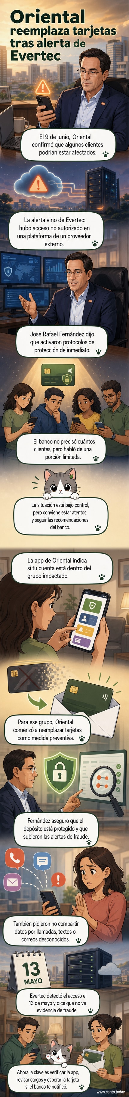 Ilustración de una tarjeta bancaria con un candado roto y un teléfono móvil mostrando una alerta de seguridad, con el logo de Banco Oriental y Evertec al fondo.