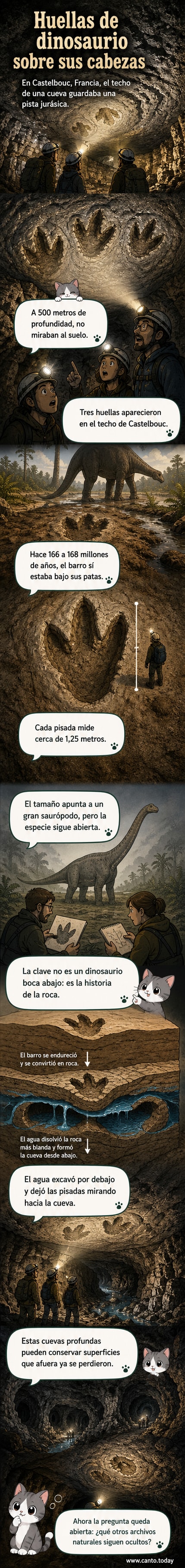 Ilustración de una cueva subterránea con huellas de dinosaurio visibles en el techo, mientras investigadores las observan desde abajo con linternas.