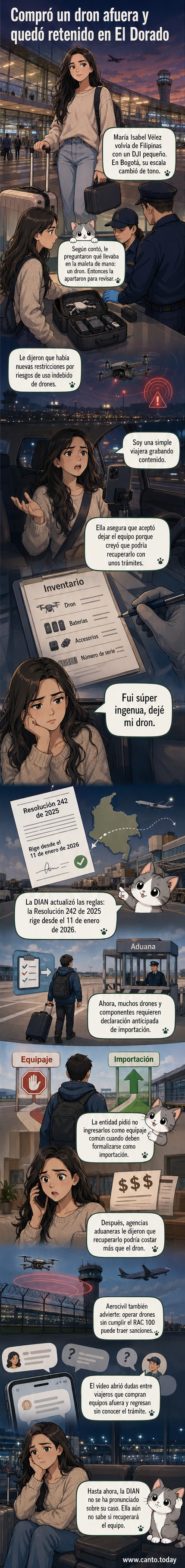Ilustración de una viajera entregando un dron en un mostrador de aduanas del aeropuerto El Dorado, con agentes revisando documentos y un cartel de advertencia sobre restricciones.