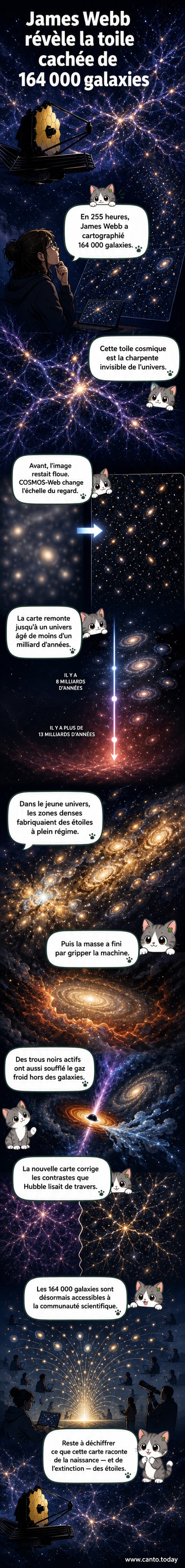 Représentation visuelle d'une tranche de la toile cosmique, avec des zones jaunes et claires indiquant des amas de galaxies et des régions sombres représentant les vides cosmiques, selon les données du télescope James Webb.