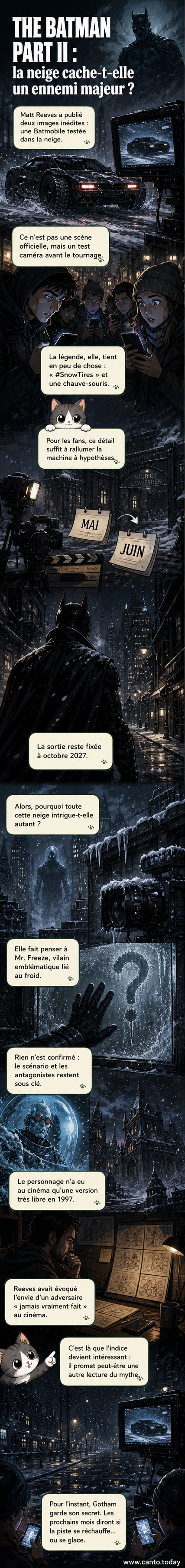 Affiche sombre avec la silhouette de Batman devant un paysage enneigé, évoquant la possible arrivée de Mr. Freeze dans le prochain film.