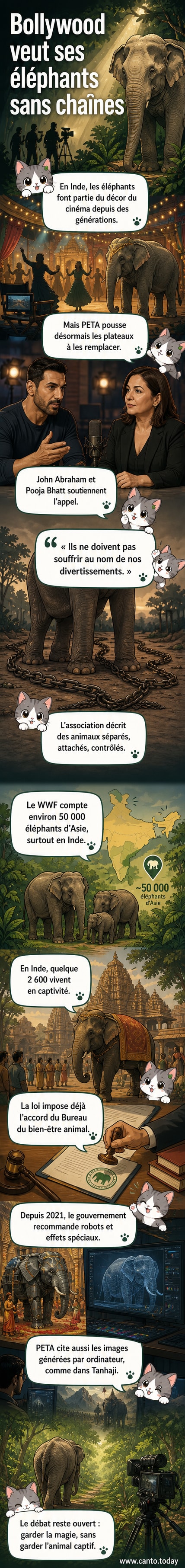 Illustration d’un éléphant de cinéma remplacé par un robot et un écran d’ordinateur affichant une image générée par IA, entouré d’acteurs indiens et de symboles hindous.