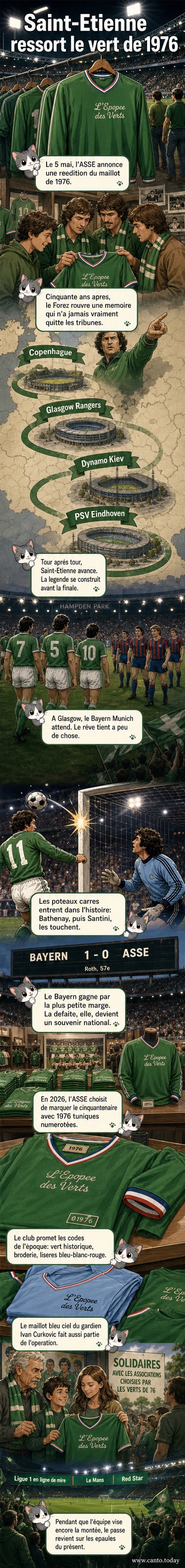 Maillot vert de l'AS Saint-Étienne 1976 avec broderie « L'Épopée des Verts » et liserés tricolores, posé sur un fond noir.
