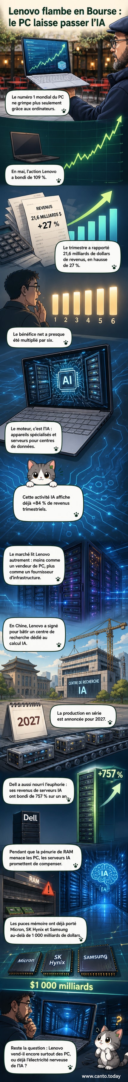 Graphique en forte hausse avec le logo de Lenovo et des puces électroniques, symbolisant l'explosion boursière du géant des PC grâce à l'intelligence artificielle.