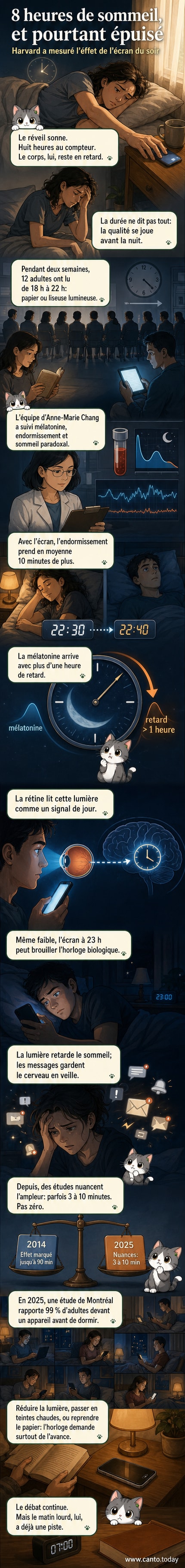 Un téléphone allumé sur une table de nuit, avec une silhouette fatiguée dans le lit, symbolisant l’impact de la lumière bleue sur le sommeil.