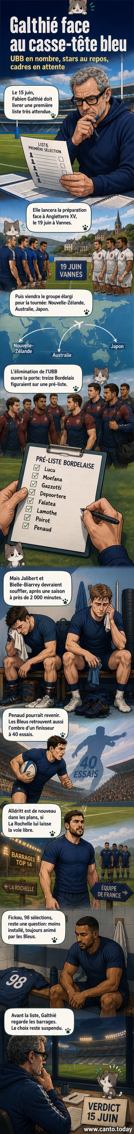 Illustration d'un stade de rugby avec des joueurs du XV de France en tenue bleue, entourés de drapeaux tricolores, en préparation pour une tournée internationale.