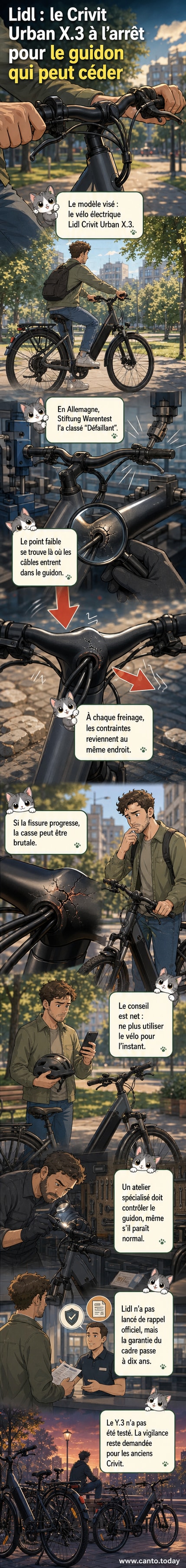 Illustration d’un vélo électrique Lidl avec un cercle rouge autour du guidon, indiquant une fissure potentielle et un risque de casse en cours d’utilisation.
