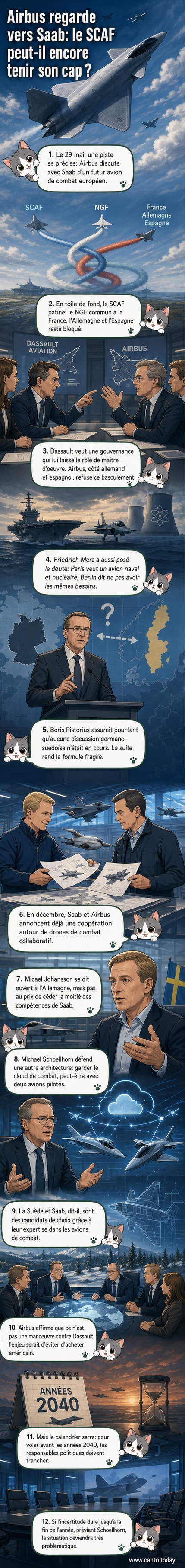 Illustration d'un chasseur de 6e génération stylisé, entouré des logos d'Airbus et de Saab, avec en arrière-plan une carte de l'Europe divisée.