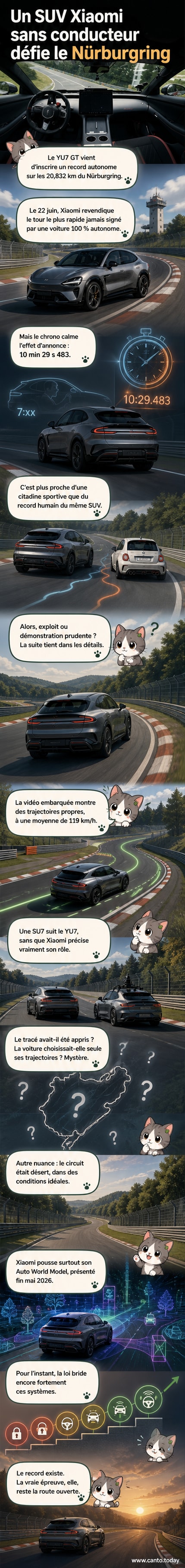 Un SUV électrique Xiaomi YU7 GT en action sur le circuit du Nürburgring, vu de l'intérieur et de l'extérieur, avec une trajectoire tracée à l'écran.