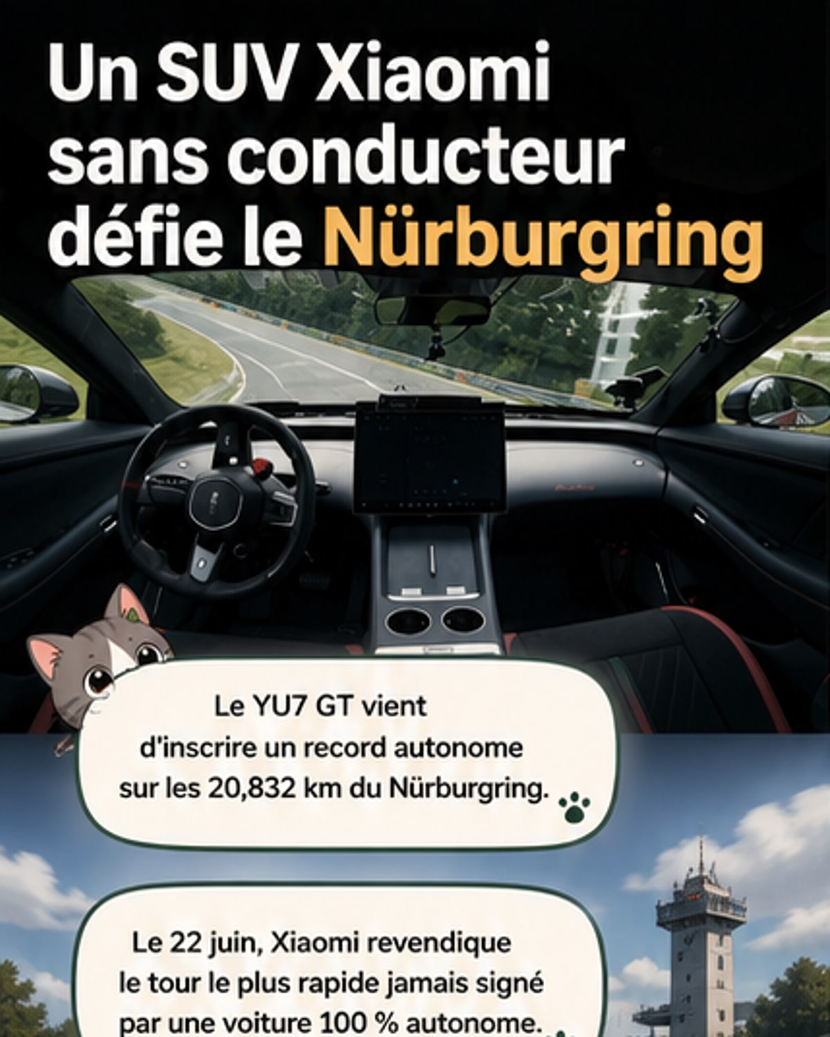 Un SUV électrique Xiaomi YU7 GT en action sur le circuit du Nürburgring, vu de l'intérieur et de l'extérieur, avec une trajectoire tracée à l'écran.