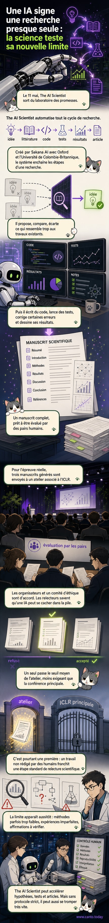 Représentation stylisée d'une intelligence artificielle en forme de cerveau numérique menant une expérience en laboratoire, entourée de graphiques, de formules et d'articles scientifiques flottants.