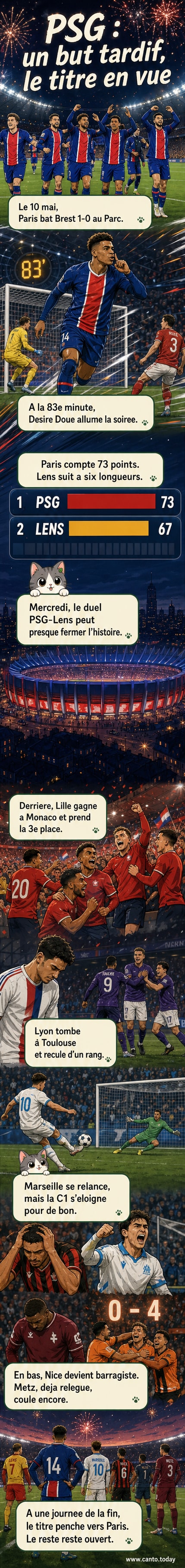 Illustration d'un terrain de football avec les maillots du PSG, de Lens, de Lille et de Marseille, entourés par des indicateurs de classement montrant les points et les positions.