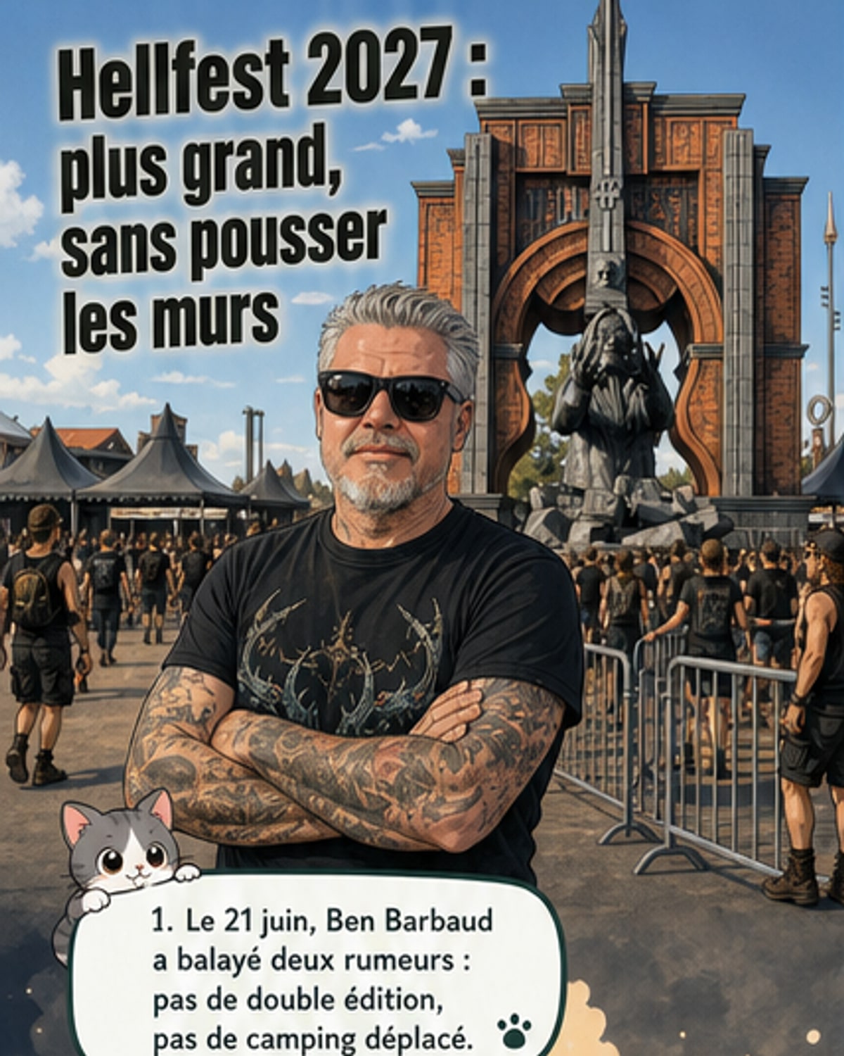 Affiche stylisée du Hellfest 2027 avec des silhouettes de musiciens en action sous un ciel étoilé, entourée de flammes et de symboles métal.