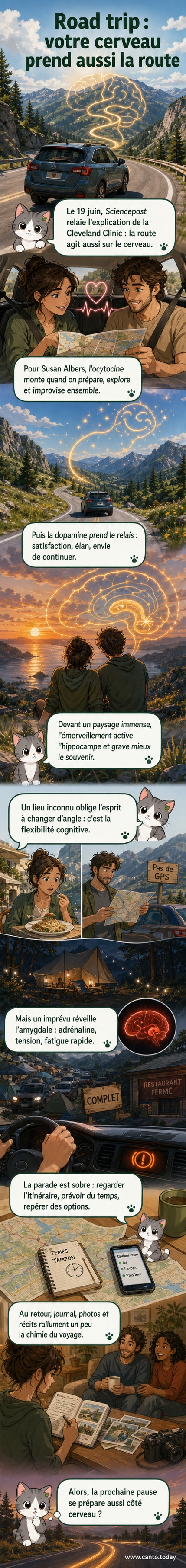 Illustration d’un cerveau avec des flèches montrant la libération d’ocytocine et de dopamine pendant un road trip, entouré de paysages variés et d’une voiture sur une route sinueuse.
