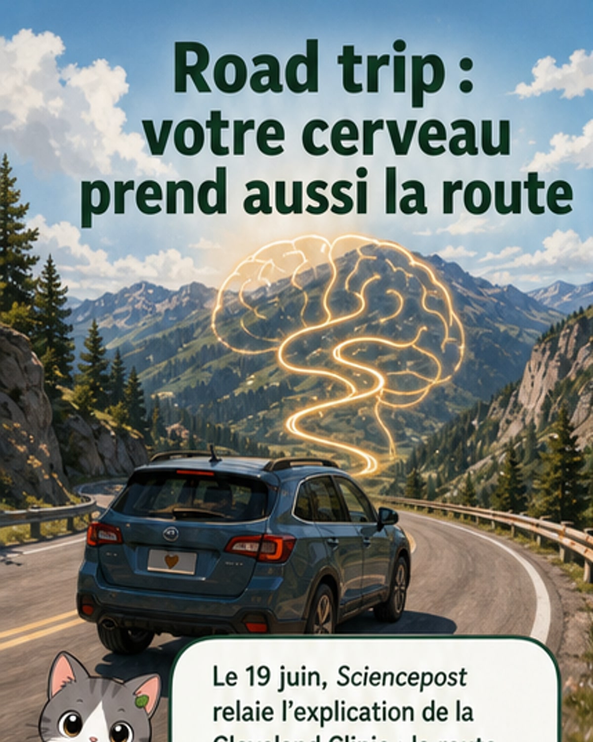 Illustration d’un cerveau avec des flèches montrant la libération d’ocytocine et de dopamine pendant un road trip, entouré de paysages variés et d’une voiture sur une route sinueuse.