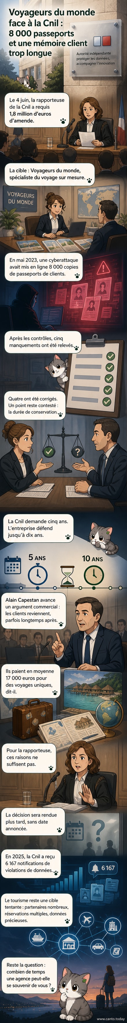 Illustration d'un passeport ouvert avec des données personnelles floutées, entouré d'icônes de menace numérique et d'un logo de la Cnil en arrière-plan.