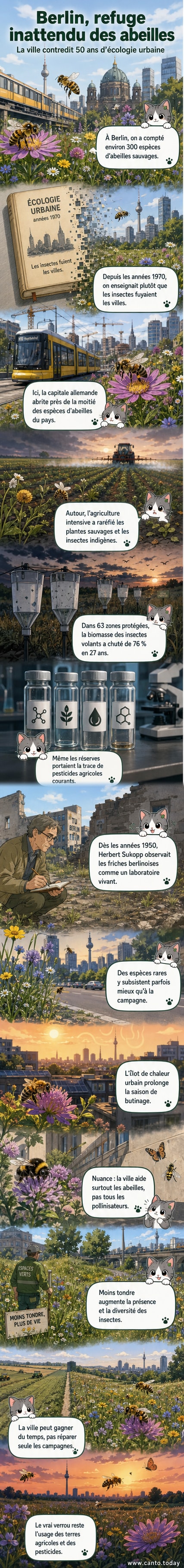 Une abeille sauvage butine sur une fleur en bordure d’un trottoir à Berlin, entourée de bâtiments urbains, illustrant la cohabitation inattendue entre biodiversité et milieu dense.