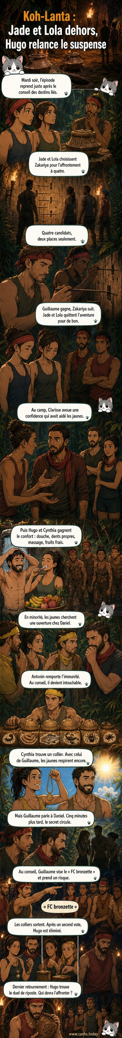 Illustration de quatre candidats de Koh-Lanta en épreuve de minutie, entourés de bâtons et d'une paroi, sous tension.