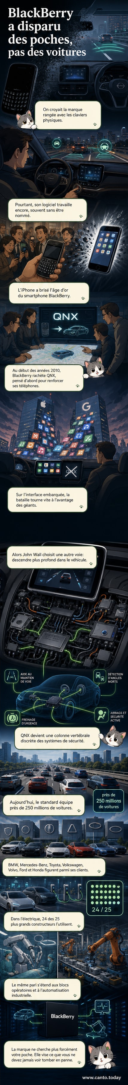 Représentation stylisée d'un logo BlackBerry intégré dans le tableau de bord d'une voiture électrique, avec des connexions vers des systèmes de sécurité et médicaux.