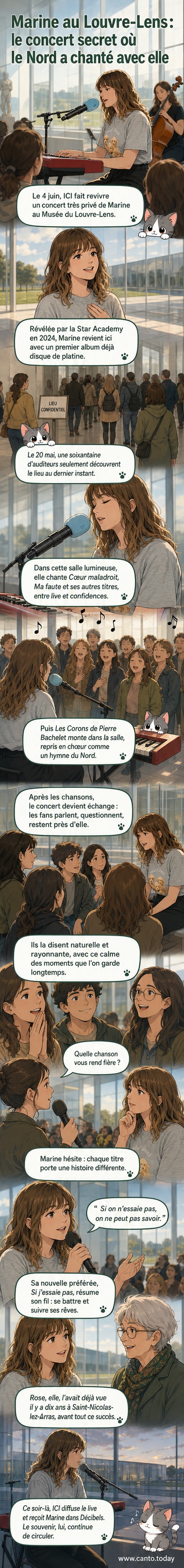 Marine en concert acoustique au Louvre-Lens, entourée de fans émus, sous les verrières du musée.