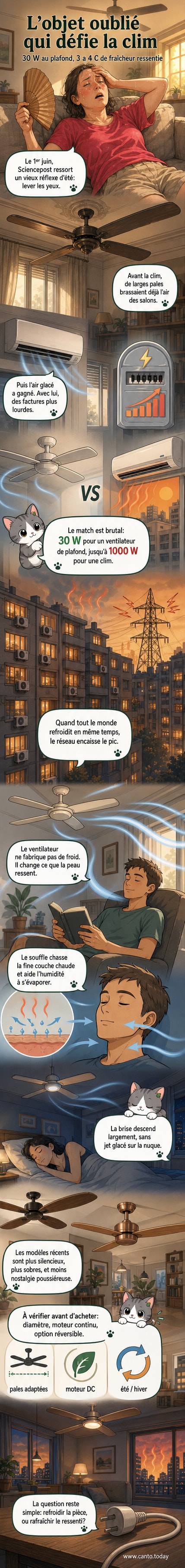 Un ventilateur de plafond tourne lentement dans une pièce lumineuse, projetant une ombre douce sur un canapé vide. À droite, un climatiseur ronronne bruyamment avec un graphique montrant une consommation électrique élevée. L’image contraste deux modes de rafraîchissement : sobre et naturel contre én