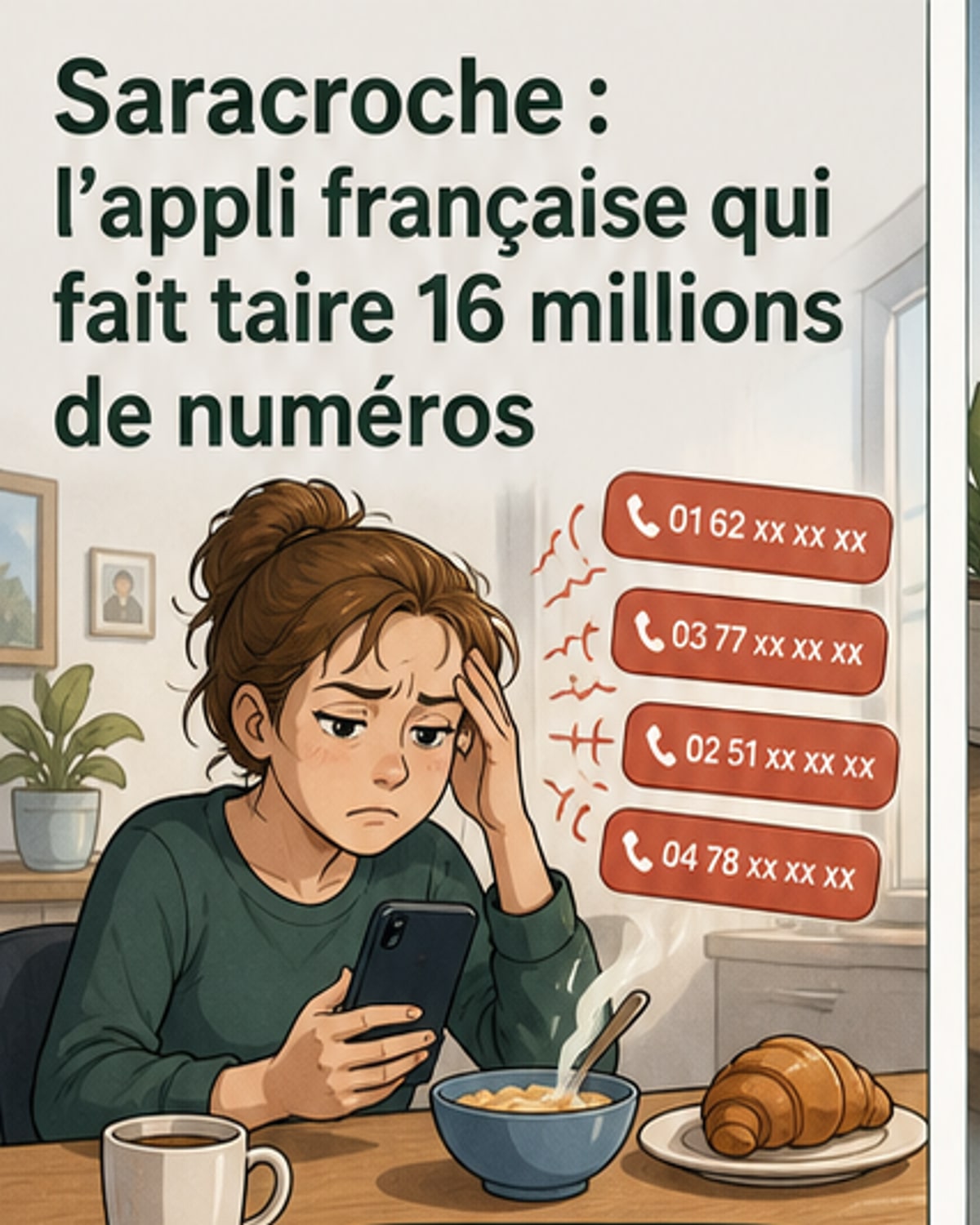 Illustration d'un smartphone bloquant un appel indésirable avec le logo de l'application Saracroche à l'écran, entouré de symboles représentant la confidentialité et l'absence de publicité.