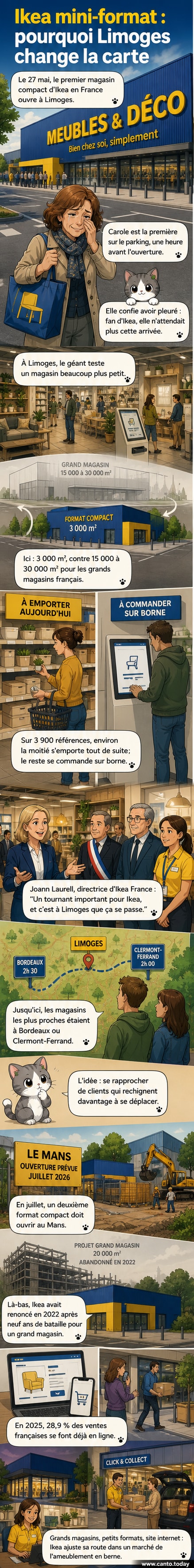Vue extérieure du nouveau magasin Ikea compact à Limoges, devant l'entrée d'un centre commercial, avec des passants et des panneaux de signalisation visibles.