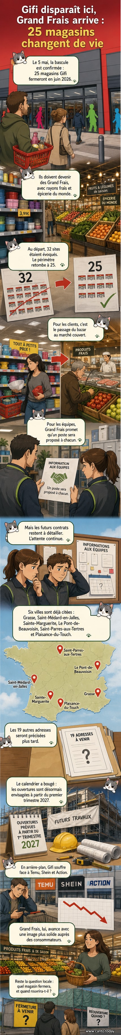 Illustration d’un magasin Gifi transformé en supermarché Grand Frais, avec des rayons de produits frais à la place des articles de bazar.