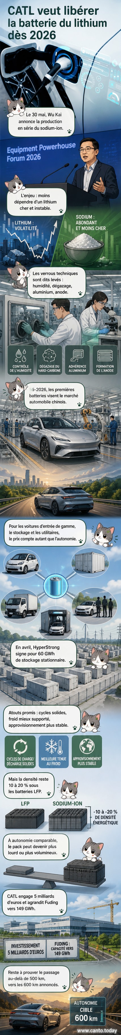 Illustration d'une batterie sodium-ion comparée à une batterie lithium-ion, avec des icônes montrant coût, densité énergétique et chaîne d'approvisionnement.