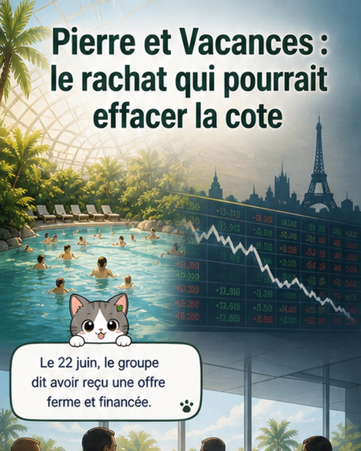Illustration d'un hôtel de bord de mer avec un drapeau émirati flottant, symbolisant l'OPA de Mubadala Capital sur Pierre et Vacances.