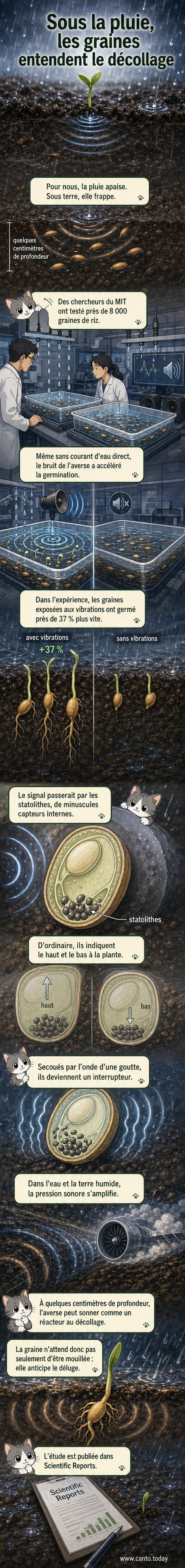 Représentation stylisée d'une graine sous terre, entourée de vibrations en forme d'ondes sonores, avec des statolithes en surbrillance à l'intérieur de ses cellules.