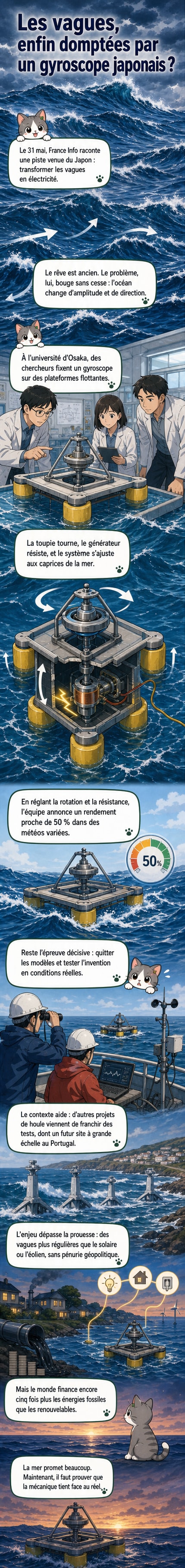 Illustration d'une plateforme flottante sur l'océan équipée d'un gyroscope, captant l'énergie des vagues pour produire de l'électricité.