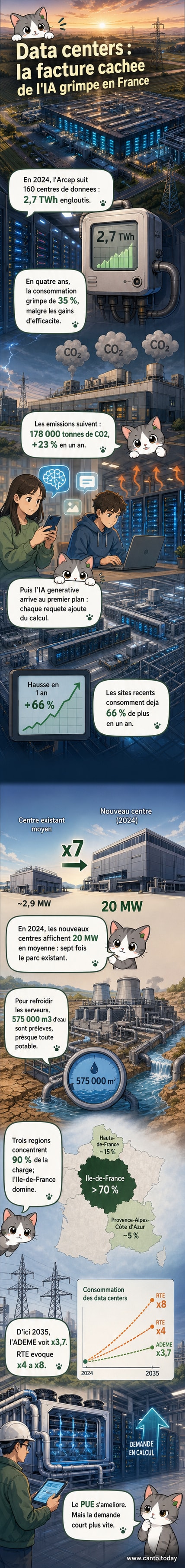 Infographie montrant l'augmentation de la consommation électrique des data centers en France entre 2021 et 2024, avec des serveurs illuminés et des courbes en forte hausse.