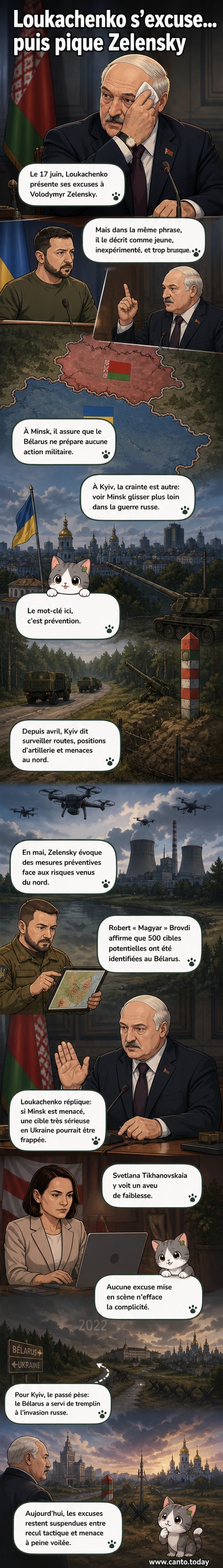 Illustration d'Alexandre Loukachenko parlant devant un drapeau biélorusse, avec une bulle de dialogue montrant une main tendue tout en pointant un doigt vers Zelensky.