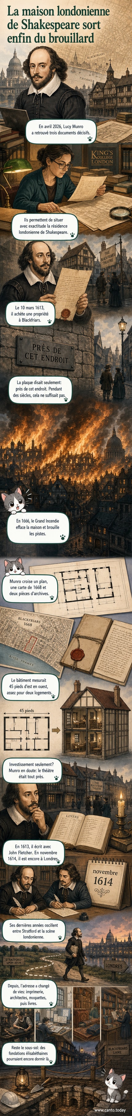 Reconstitution historique d'une rue de Londres au XVIIe siècle, avec une plaque indiquant l'emplacement de la maison de Shakespeare à Blackfriars.