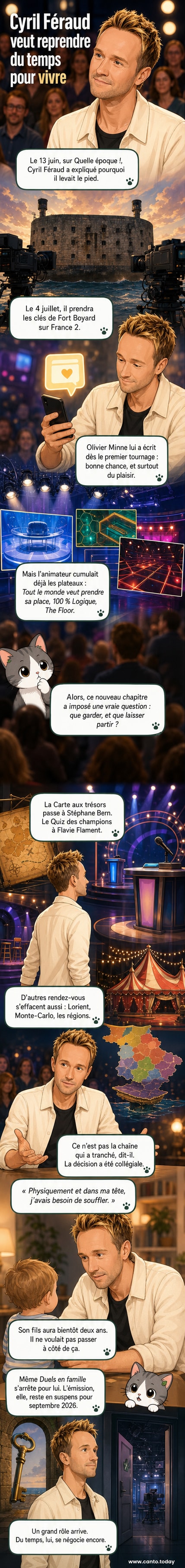 Cyril Féraud souriant sur le plateau de Quelle époque !, entouré de l’équipe de l’émission, avec un bandeau indiquant son rôle dans Fort Boyard.