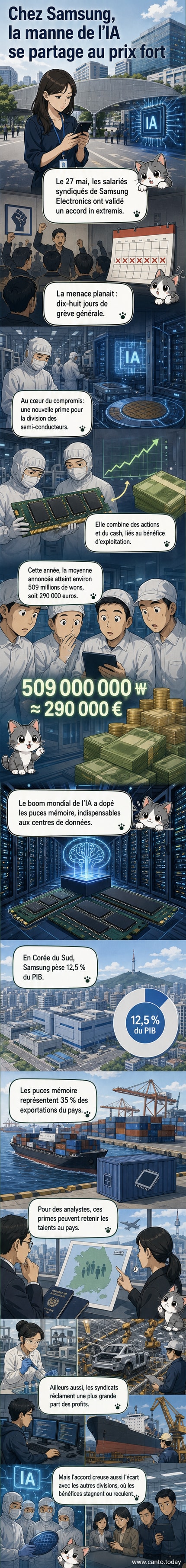 Illustration d'un employé de Samsung recevant une prime symbolisée par une pile de billets et une puce mémoire avec des icônes d'IA en arrière-plan.