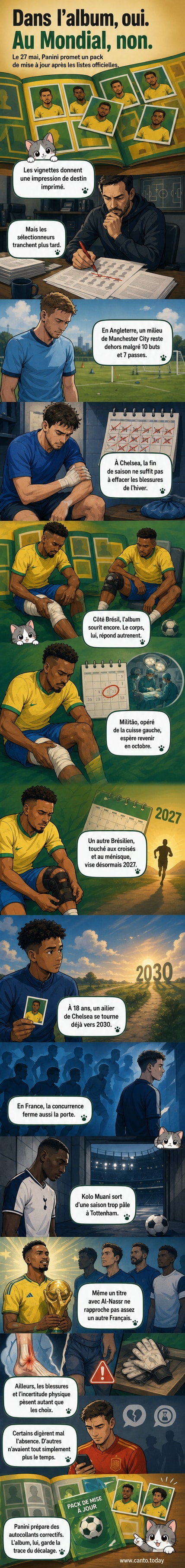 Illustration d'une collection d'autocollants Panini avec des photos de joueurs de football, dont certains marqués par une croix rouge indiquant leur absence à la Coupe du Monde.