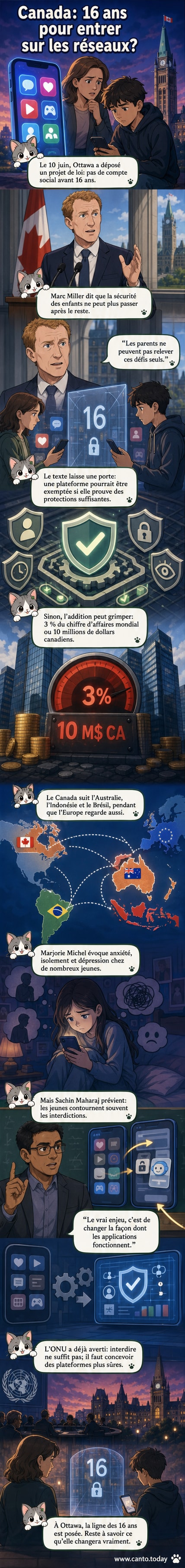 Illustration montrant un adolescent devant un écran avec des icônes de réseaux sociaux barrées, symbole de la proposition canadienne d'interdiction pour les moins de 16 ans.