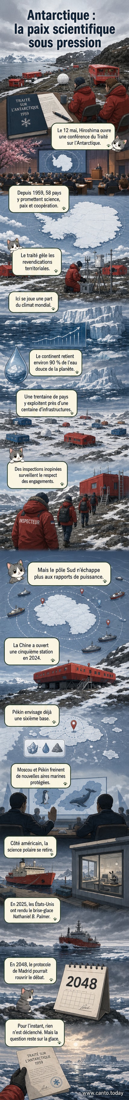 Illustration d'un continent glacé entouré de scientifiques et de drapeaux, avec des symboles de recherche et de coopération internationale, contrastant avec des silhouettes industrielles en arrière-plan.