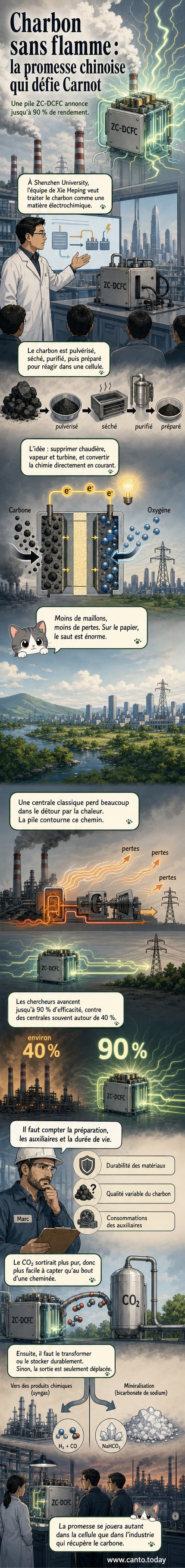 Illustration d'une cellule électrochimique convertissant du charbon en électricité sans flamme, avec flux d'électrons et capture du CO2 en sortie.