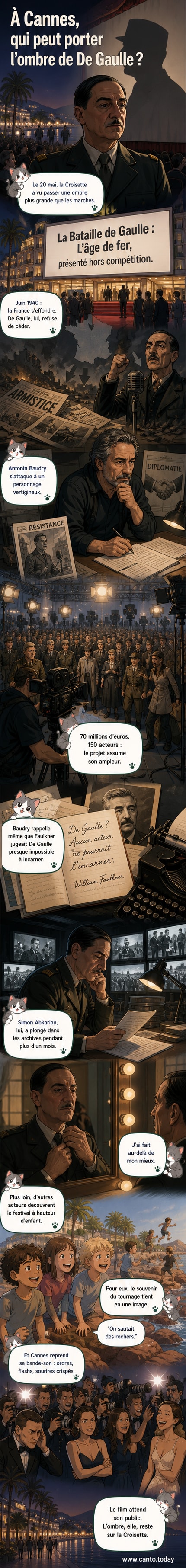 Affiche du film 'La Bataille de Gaulle : L’âge de fer' projeté à Cannes, avec Simon Abkarian en général de Gaulle, entouré d’acteurs en tenue d’époque sur fond de Croisette.