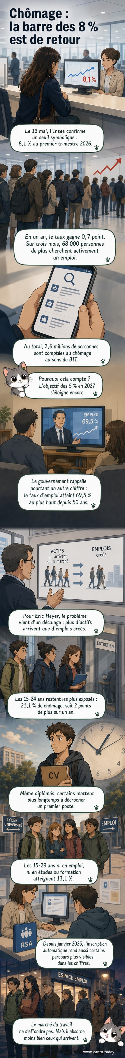 Graphique montrant l'évolution du taux de chômage en France, avec une flèche vers le haut marquant le dépassement de 8 % au premier trimestre 2026, et des silhouettes de jeunes en désaccord avec le marché du travail.